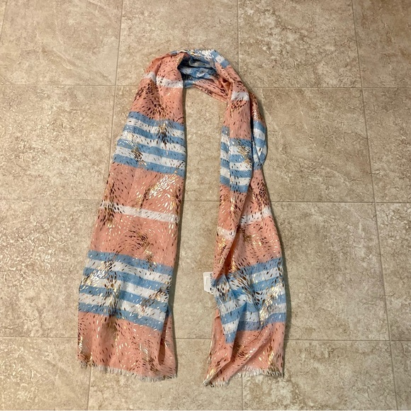 NWT Howard’s Women’s Oversized Blue Pink Striped Gold Accent Rectangle Scarf - Picture 5 of 6